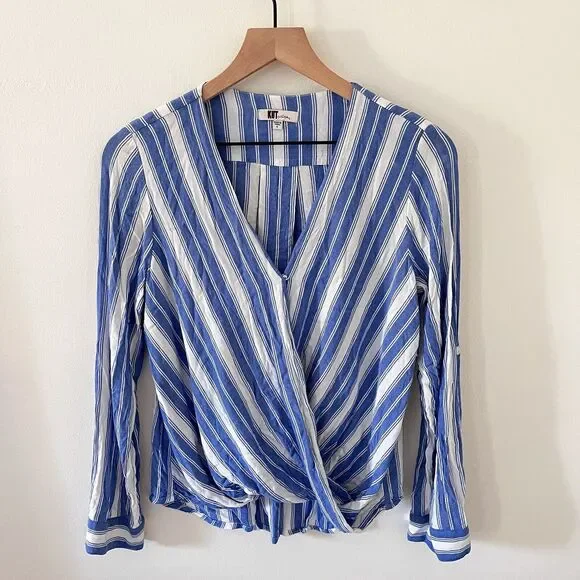 Kut from the Kloth Womens Blouse Small Blue Striped Crossover Roll Tab Sleeve - Picture 1 of 6